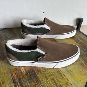Vans Men's Brown and Green Fleece-Lined Slip-Ons Men’s 7 Women’s 8.5